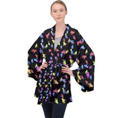 Multicolored Hands Silhouette Motif Design Long Sleeve Velvet Kimono  by dflcprintsclothing