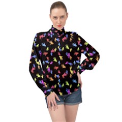 Multicolored Hands Silhouette Motif Design High Neck Long Sleeve Chiffon Top by dflcprintsclothing