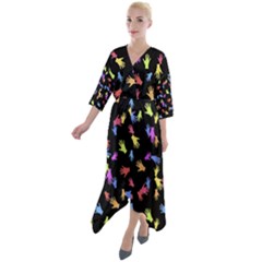 Multicolored Hands Silhouette Motif Design Quarter Sleeve Wrap Front Maxi Dress by dflcprintsclothing