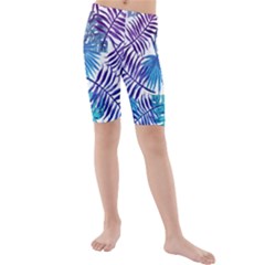 Blue Tropical Leaves Kids  Mid Length Swim Shorts by goljakoff