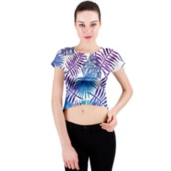 Blue Tropical Leaves Crew Neck Crop Top by goljakoff