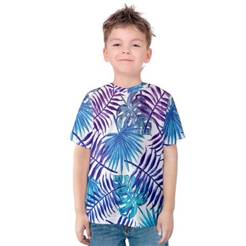 Blue Tropical Leaves Kids  Cotton Tee by goljakoff