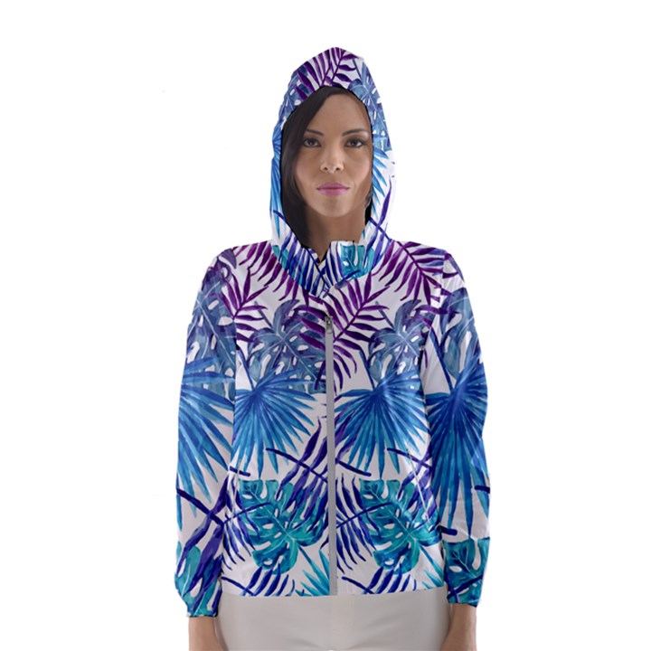 Blue tropical leaves Women s Hooded Windbreaker