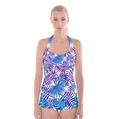 Blue Tropical Leaves Boyleg Halter Swimsuit 