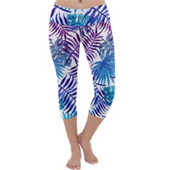 Blue Tropical Leaves Capri Yoga Leggings by goljakoff