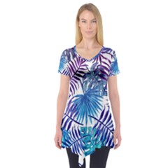 Blue Tropical Leaves Short Sleeve Tunic  by goljakoff