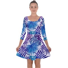 Blue Tropical Leaves Quarter Sleeve Skater Dress by goljakoff