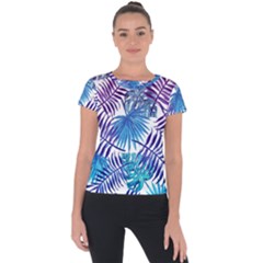 Blue Tropical Leaves Short Sleeve Sports Top  by goljakoff