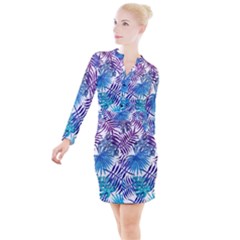 Blue Tropical Leaves Button Long Sleeve Dress by goljakoff