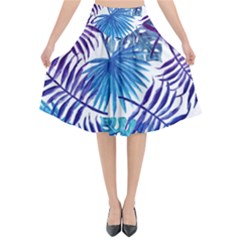 Blue Tropical Leaves Flared Midi Skirt by goljakoff