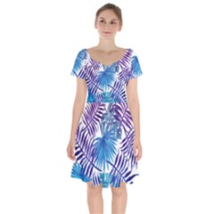 Blue Tropical Leaves Short Sleeve Bardot Dress by goljakoff