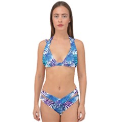 Blue Tropical Leaves Double Strap Halter Bikini Set by goljakoff