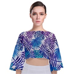 Blue Tropical Leaves Tie Back Butterfly Sleeve Chiffon Top by goljakoff