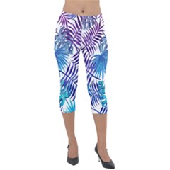 Blue Tropical Leaves Lightweight Velour Capri Leggings  by goljakoff