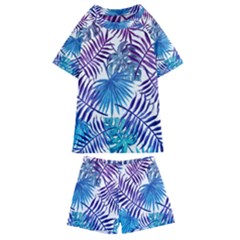 Blue Tropical Leaves Kids  Swim Tee And Shorts Set by goljakoff