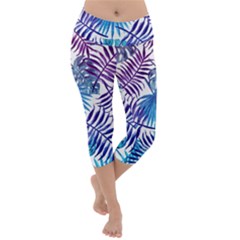 Blue Tropical Leaves Lightweight Velour Capri Yoga Leggings by goljakoff