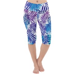 Blue Tropical Leaves Lightweight Velour Cropped Yoga Leggings by goljakoff