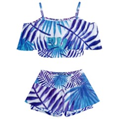 Blue Tropical Leaves Kids  Off Shoulder Skirt Bikini by goljakoff