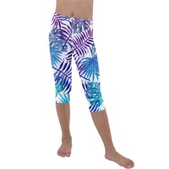 Blue Tropical Leaves Kids  Lightweight Velour Capri Leggings  by goljakoff