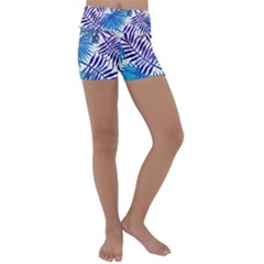 Blue Tropical Leaves Kids  Lightweight Velour Yoga Shorts by goljakoff