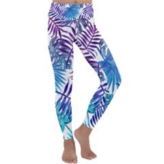 Blue Tropical Leaves Kids  Lightweight Velour Classic Yoga Leggings by goljakoff