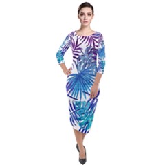 Blue Tropical Leaves Quarter Sleeve Midi Velour Bodycon Dress by goljakoff