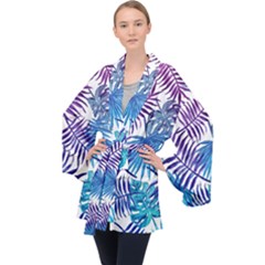 Blue Tropical Leaves Long Sleeve Velvet Kimono  by goljakoff