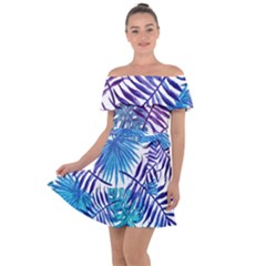 Blue Tropical Leaves Off Shoulder Velour Dress by goljakoff