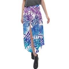 Blue Tropical Leaves Velour Split Maxi Skirt by goljakoff