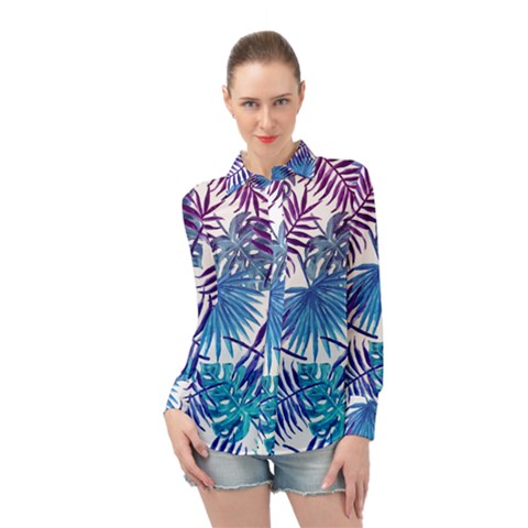 Blue Tropical Leaves Long Sleeve Chiffon Shirt by goljakoff