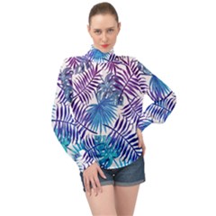 Blue Tropical Leaves High Neck Long Sleeve Chiffon Top by goljakoff