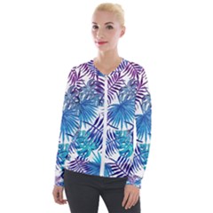 Blue Tropical Leaves Velvet Zip Up Jacket by goljakoff