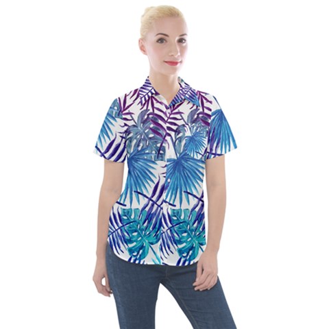 Blue Tropical Leaves Women s Short Sleeve Pocket Shirt by goljakoff