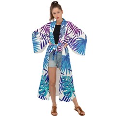 Blue Tropical Leaves Maxi Kimono by goljakoff