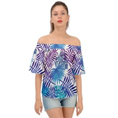 Blue Tropical Leaves Off Shoulder Short Sleeve Top by goljakoff