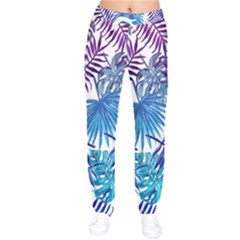 Blue Tropical Leaves Women Velvet Drawstring Pants by goljakoff