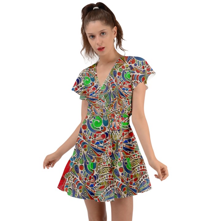 Pop Art - Spirals World 1 Flutter Sleeve Wrap Dress