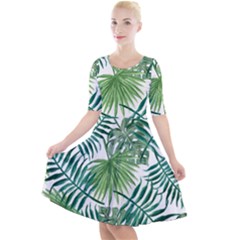 Green Tropical Leaves Quarter Sleeve A-line Dress