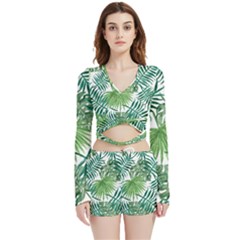 Green Tropical Leaves Velvet Wrap Crop Top And Shorts Set by goljakoff