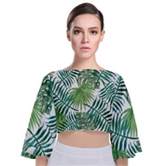 Green Tropical Leaves Tie Back Butterfly Sleeve Chiffon Top by goljakoff