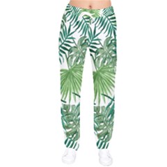 Green Tropical Leaves Women Velvet Drawstring Pants by goljakoff