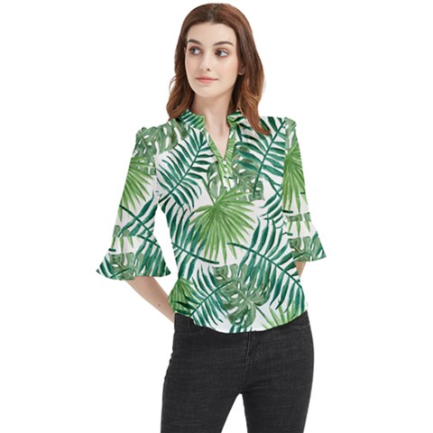 Green Tropical Leaves Loose Horn Sleeve Chiffon Blouse by goljakoff