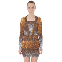 Glitter Gold V-neck Bodycon Long Sleeve Dress by Sparkle