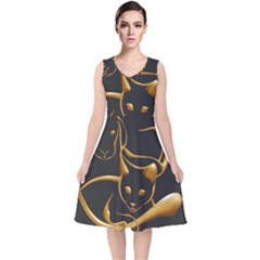 Gold Dog Cat Animal Jewel V-neck Midi Sleeveless Dress  by HermanTelo