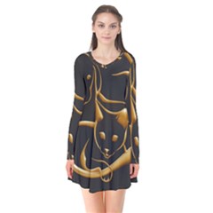 Gold Dog Cat Animal Jewel Long Sleeve V-neck Flare Dress