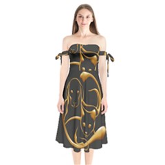 Gold Dog Cat Animal Jewel Shoulder Tie Bardot Midi Dress by HermanTelo