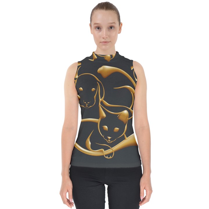 Gold Dog Cat Animal Jewel Mock Neck Shell Top