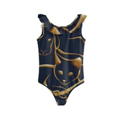 Gold Dog Cat Animal Jewel Kids  Frill Swimsuit