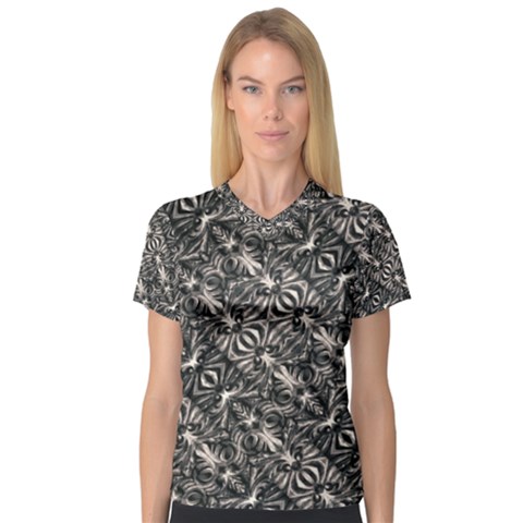 Modern Tribal Silver Ornate Pattern Print V-neck Sport Mesh Tee by dflcprintsclothing