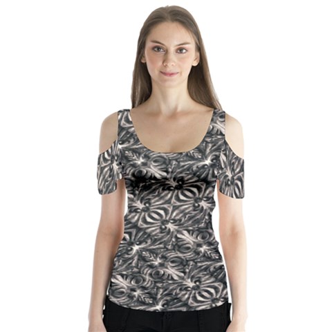 Modern Tribal Silver Ornate Pattern Print Butterfly Sleeve Cutout Tee  by dflcprintsclothing